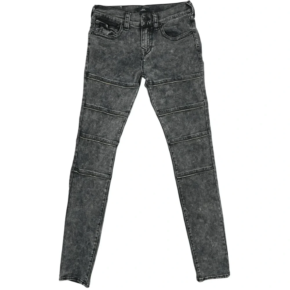 True Religion Rocco Stacked Skinny Jean 33x40 Tall Gray Moto Zip Grunge Punk Y2K